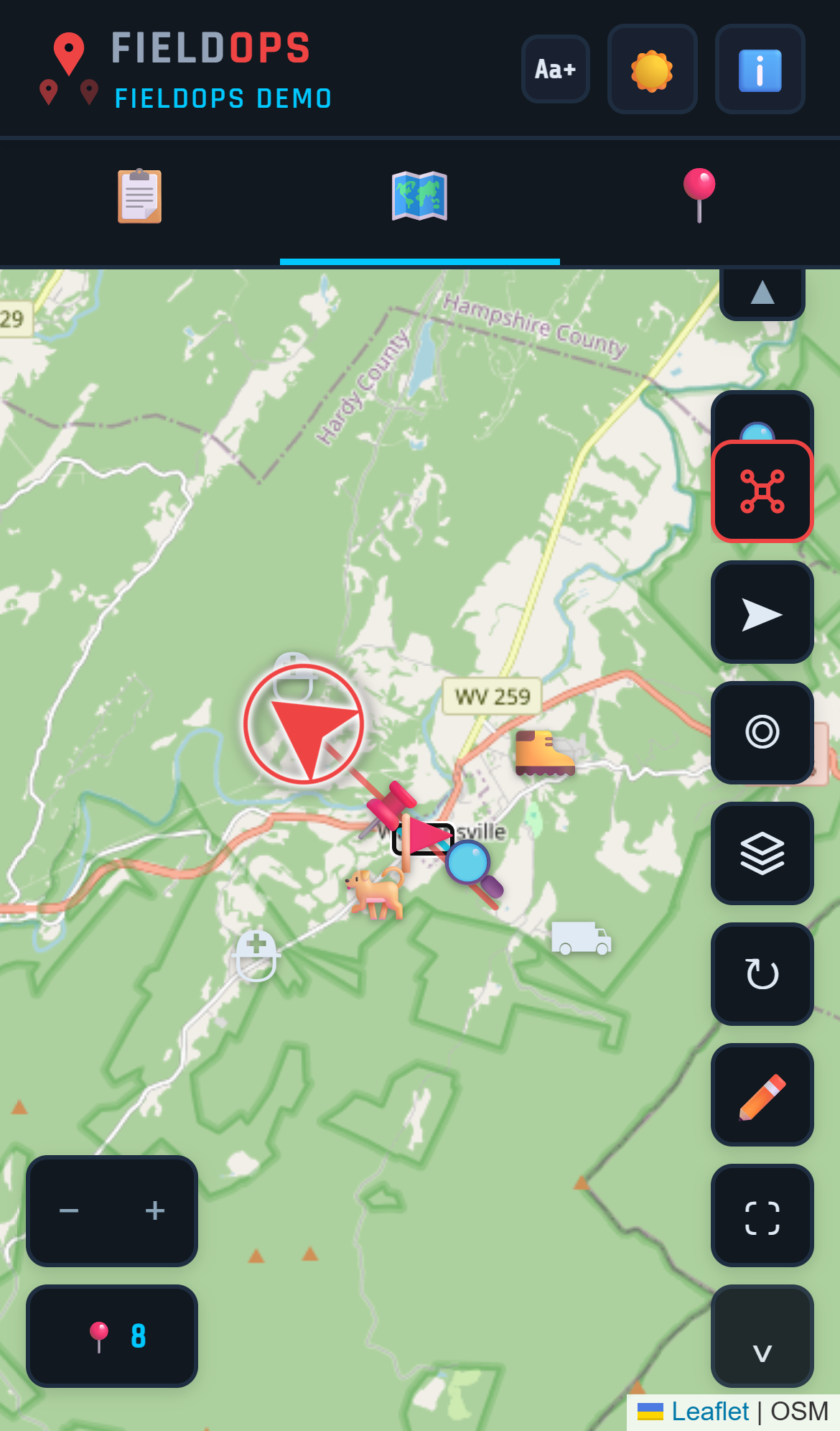 FieldOps team deployment on satellite map
